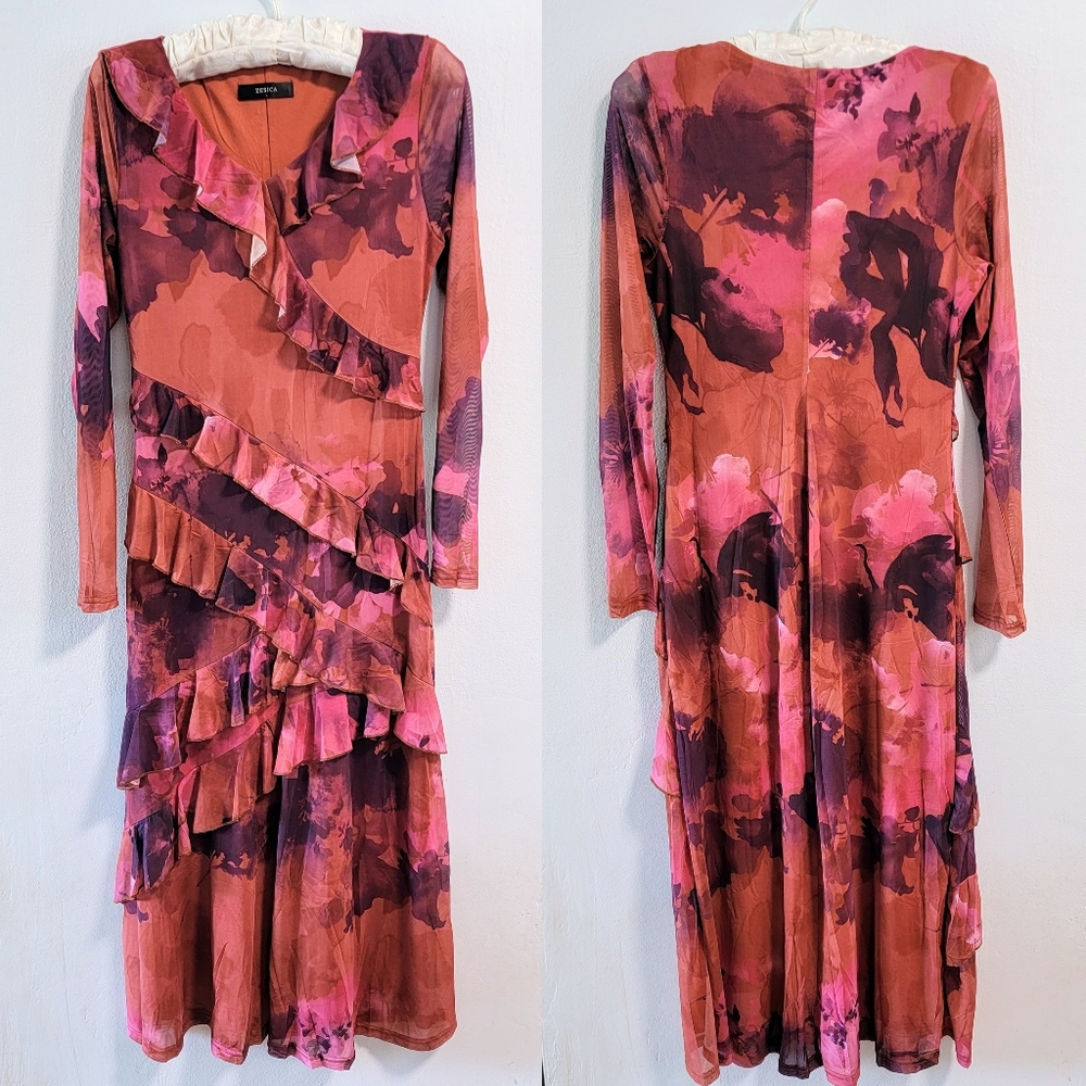 L Asymetrical Ruffle Forest Fairycore Eclectic Sheer Sleeve Colorful Maxi Dress